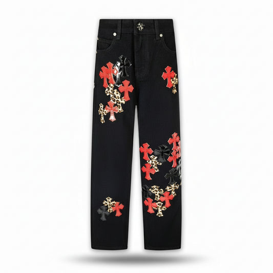 Chrome Hearts Jeans Red and Black Cross