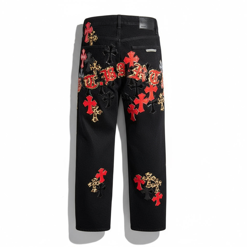 Chrome Hearts Jeans Red and Black Cross